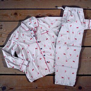Lands End Men Pajama Set Fox Print Cotton Button Shirt Pants L Gray Red